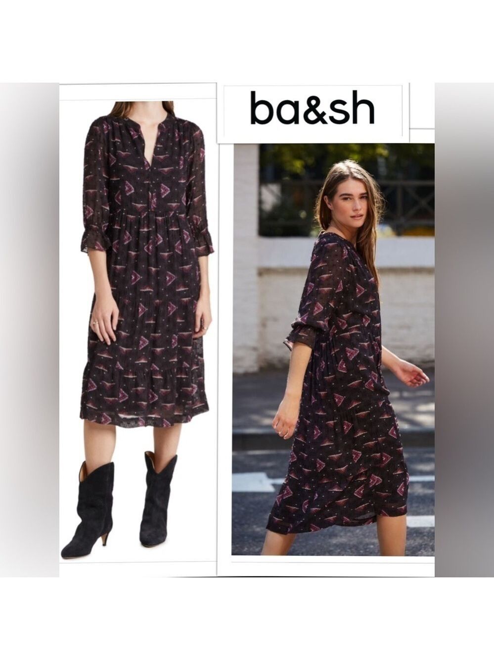 BA&SH CARBONE XS CALLIOPE Geo Print Silky Viscose CREPE Lined Midi Dress Size 0